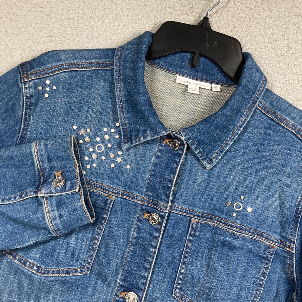 Chico's Denim Jacket Women XL Blue Studded Star Celestial Frayed Hem Trucker